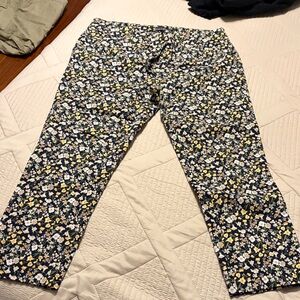 Floral Cropped Women's Pants - Navy, Yellow & White